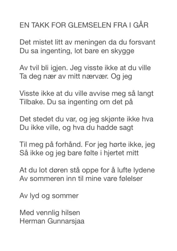 EN TAKK FOR GLEMSELEN FRA I GÅR